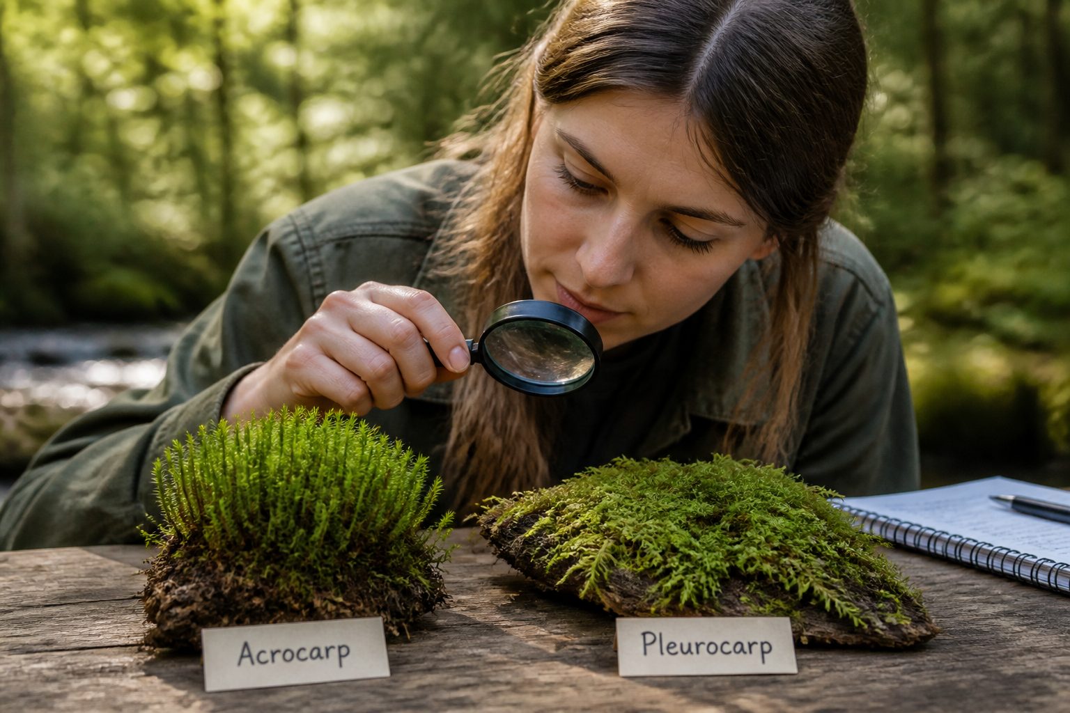 A woman examines Acrocarp and Pleurocarp moss samples with a magnifying glass in a natural setting.