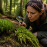 A woman examining Acrocarp and Pleurocarp moss with a magnifying glass in a forest.