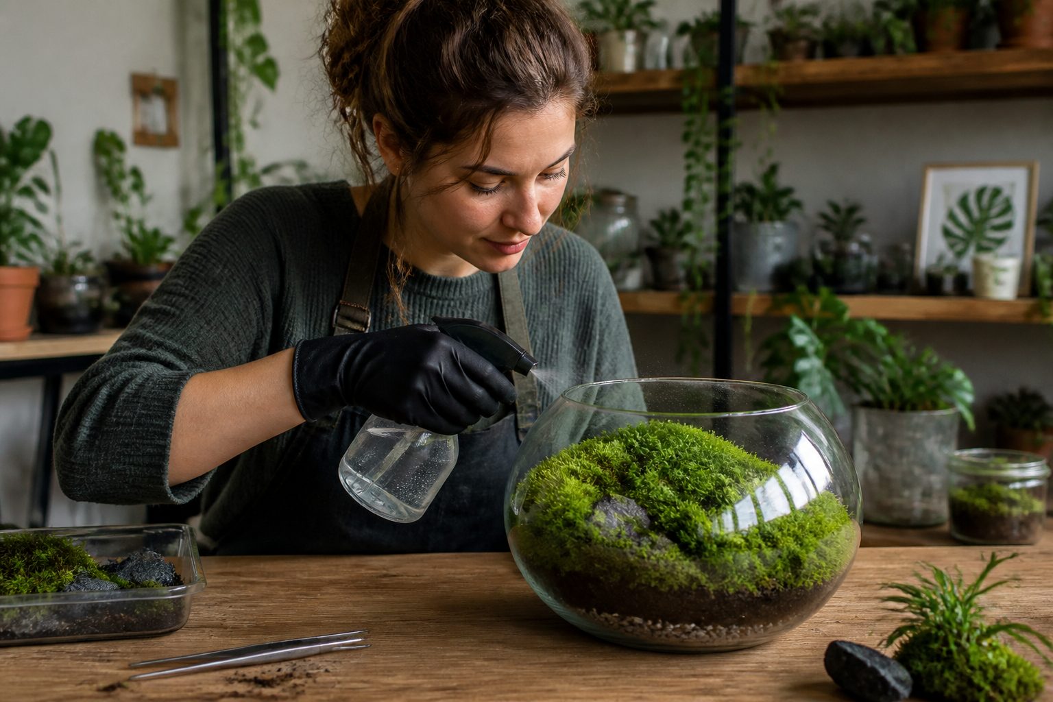 A woman tending to a moss garden in a glass terrarium indoors, misting the moss with a spray bottle.