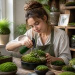 A woman misting a small moss garden indoors, focusing on its growth in a well-lit environment.