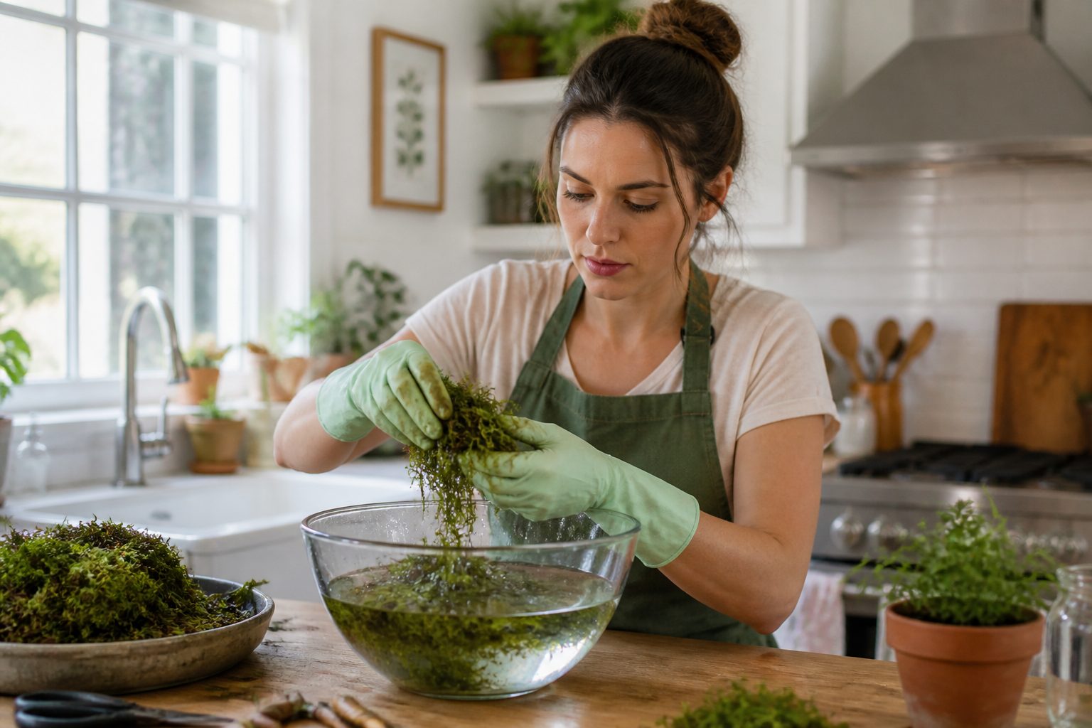 A woman cleaning moss in a bowl to prepare it for propagation, inspecting for pests and mold in a bright kitchen.