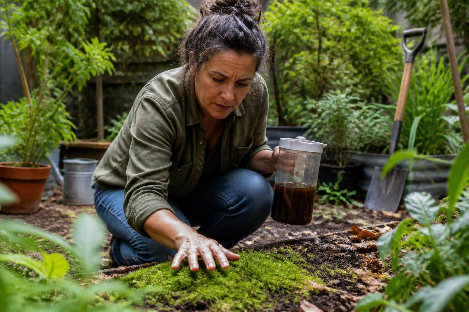 A woman examining moss in her garden while holding a container of compost tea