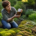 A woman examining compost tea in a garden with moss patches showing signs of distress.