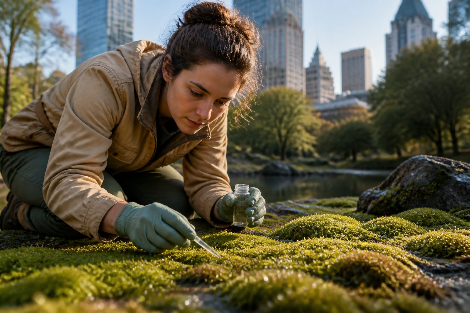 A woman collecting dew from moss in an urban park setting
