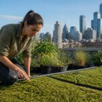 A woman inspecting a moss-covered surface on a rooftop garden designed for dew harvesting in an urban setting.