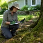 A woman measuring moss in a shaded garden area, examining its growth and taking notes.