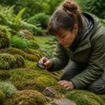 A woman examining moss with a hand lens in a garden