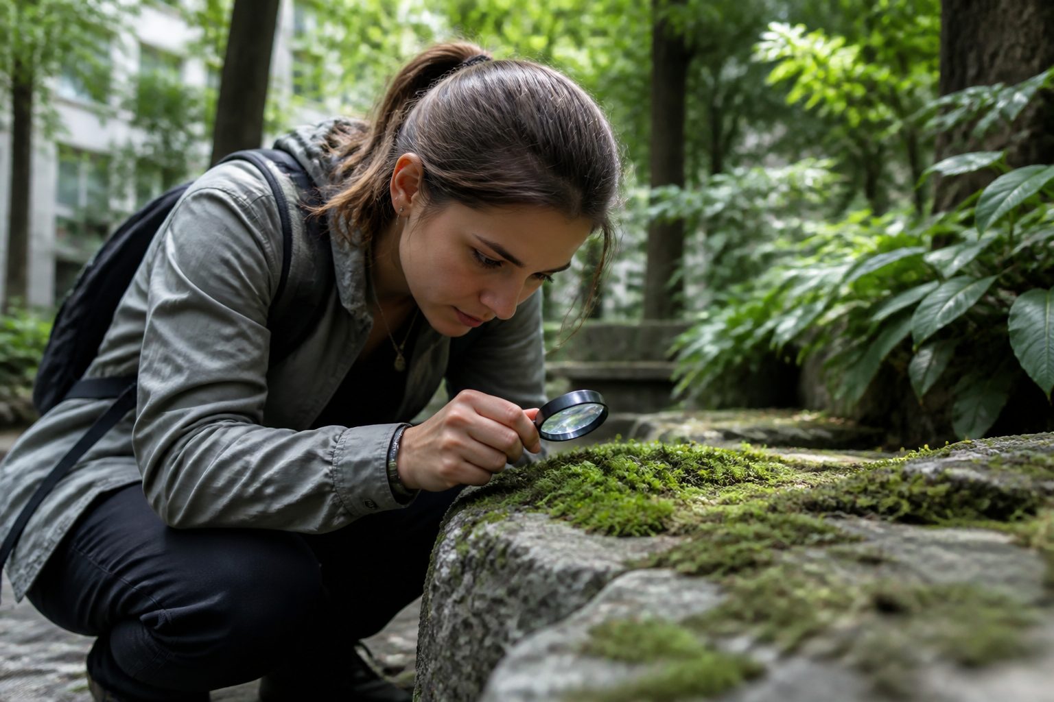 A young woman examining moss with a hand lens in an urban garden