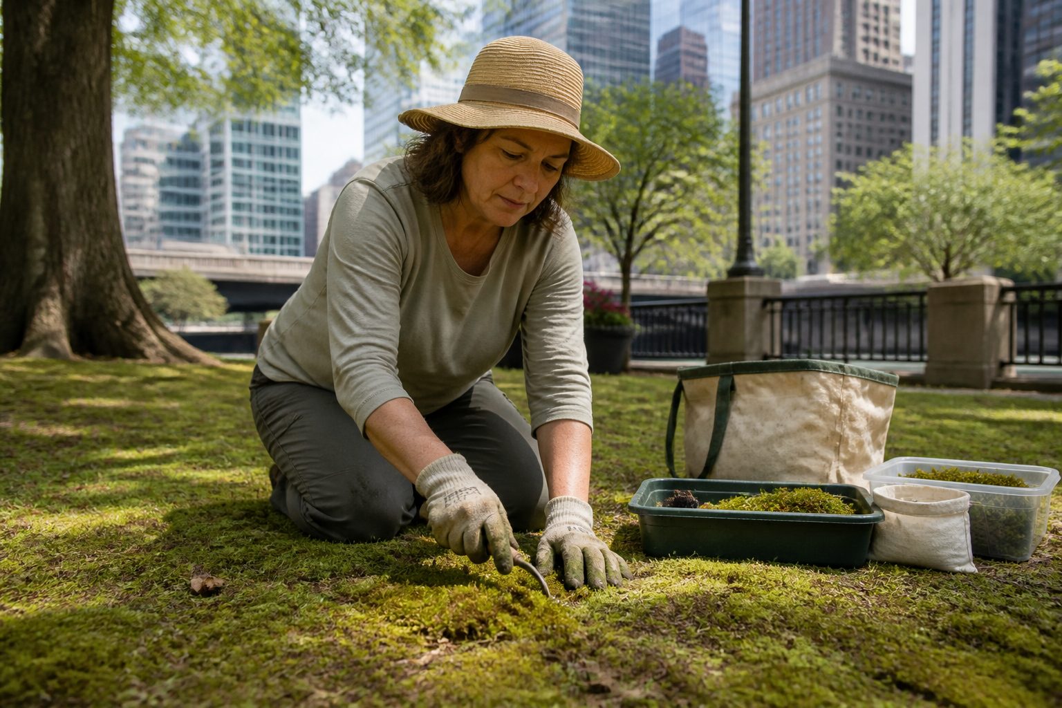 A woman harvesting moss in an urban park, using a hand tool and collecting it in containers.