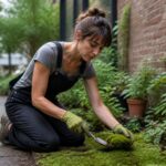 A woman harvesting moss from an urban garden using a hand trowel.