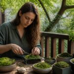 A woman propagating moss on a balcony using scissors, surrounded by pots of moss in a shaded urban garden.