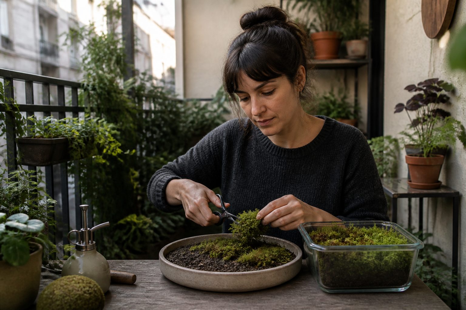 A woman propagating moss in a balcony garden, using scissors to cut moss and placing it in a pot.