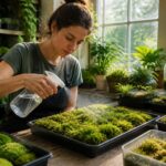 A woman misting moss in an indoor garden to control humidity for propagation.