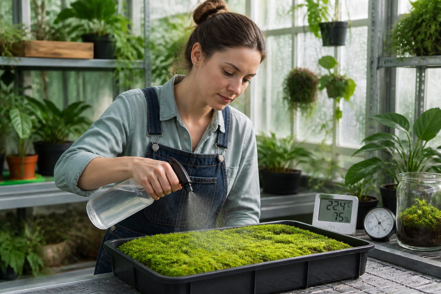 A woman misting moss in a greenhouse to maintain humidity for propagation.