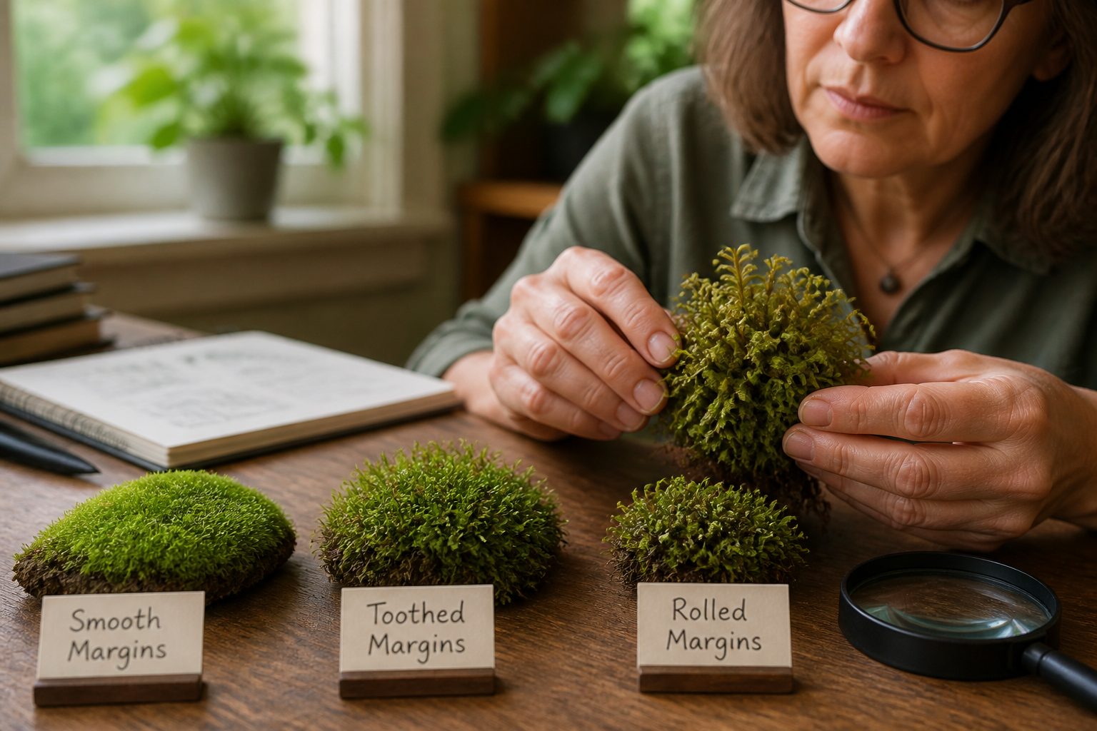 A woman holding moss with rolled edges while examining different moss types on a wooden table.