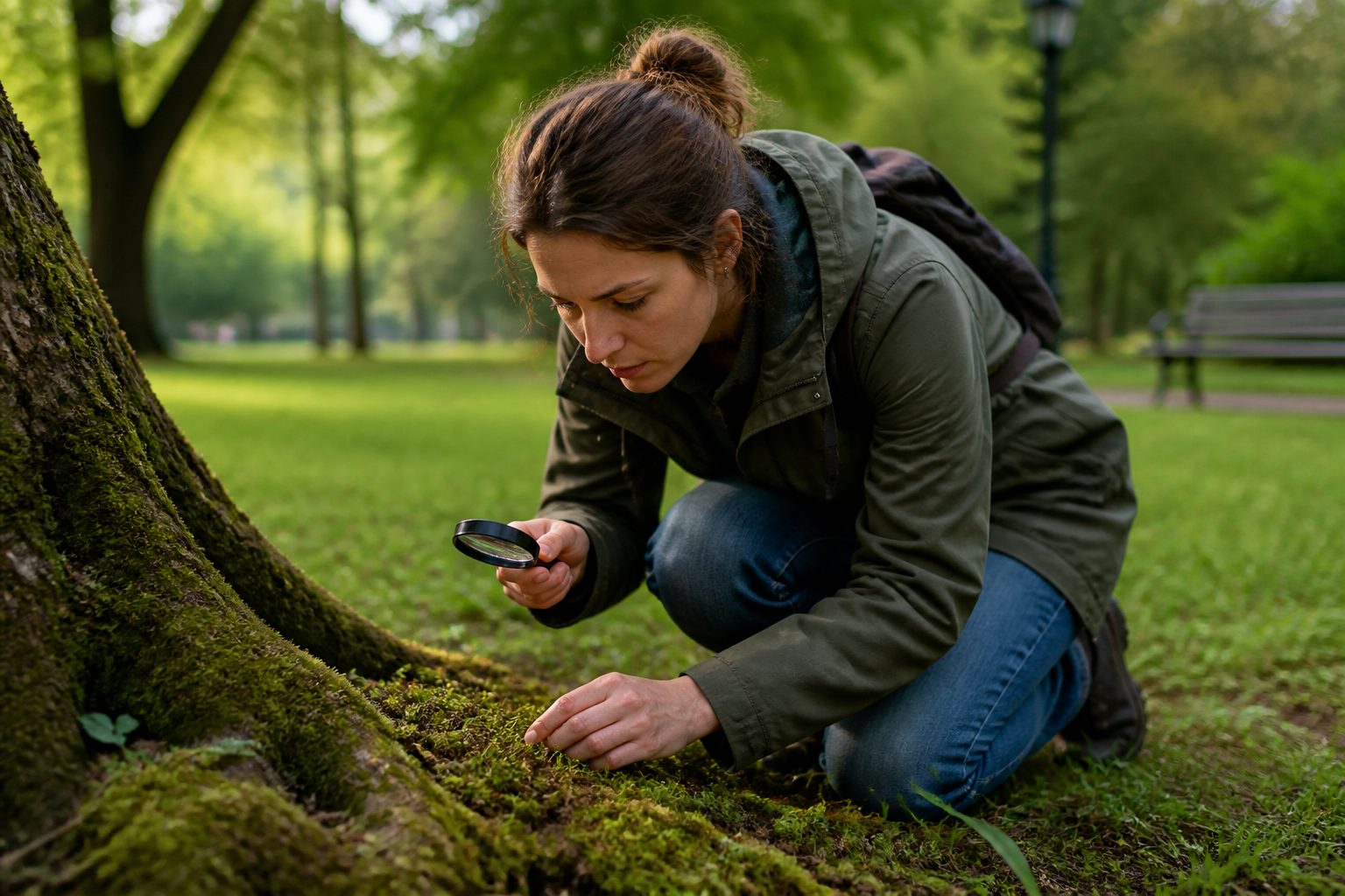 A woman examining different types of moss in a city park using a magnifying glass.