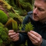 A man examining different types of moss, showcasing unbranched, forked, and feathered shoots in a natural forest setting.
