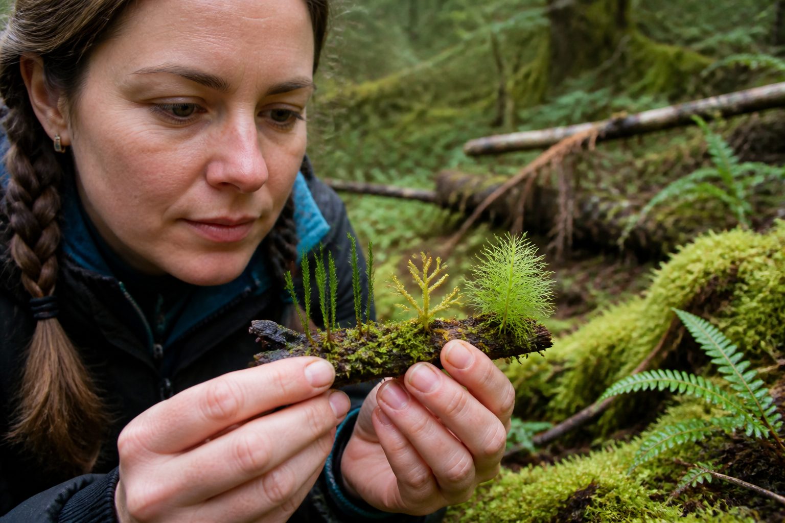 A woman examining different types of moss, showcasing unbranched, forked, and feathered shoots in a natural forest setting.