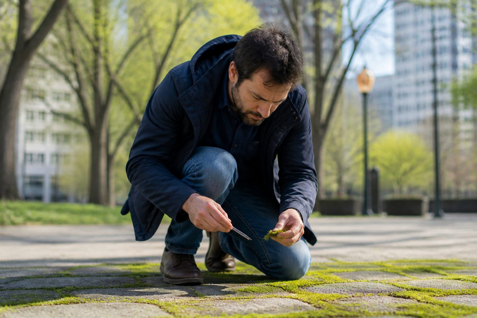 A man examining green moss growing on a concrete sidewalk with a hand tool.
