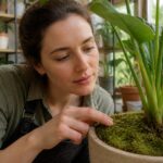 A woman examining moss in a potted plant, showcasing her interest in plant care and identification.