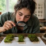 A woman examining moss leaves with a magnifying glass, showcasing different leaf margins on a wooden table.