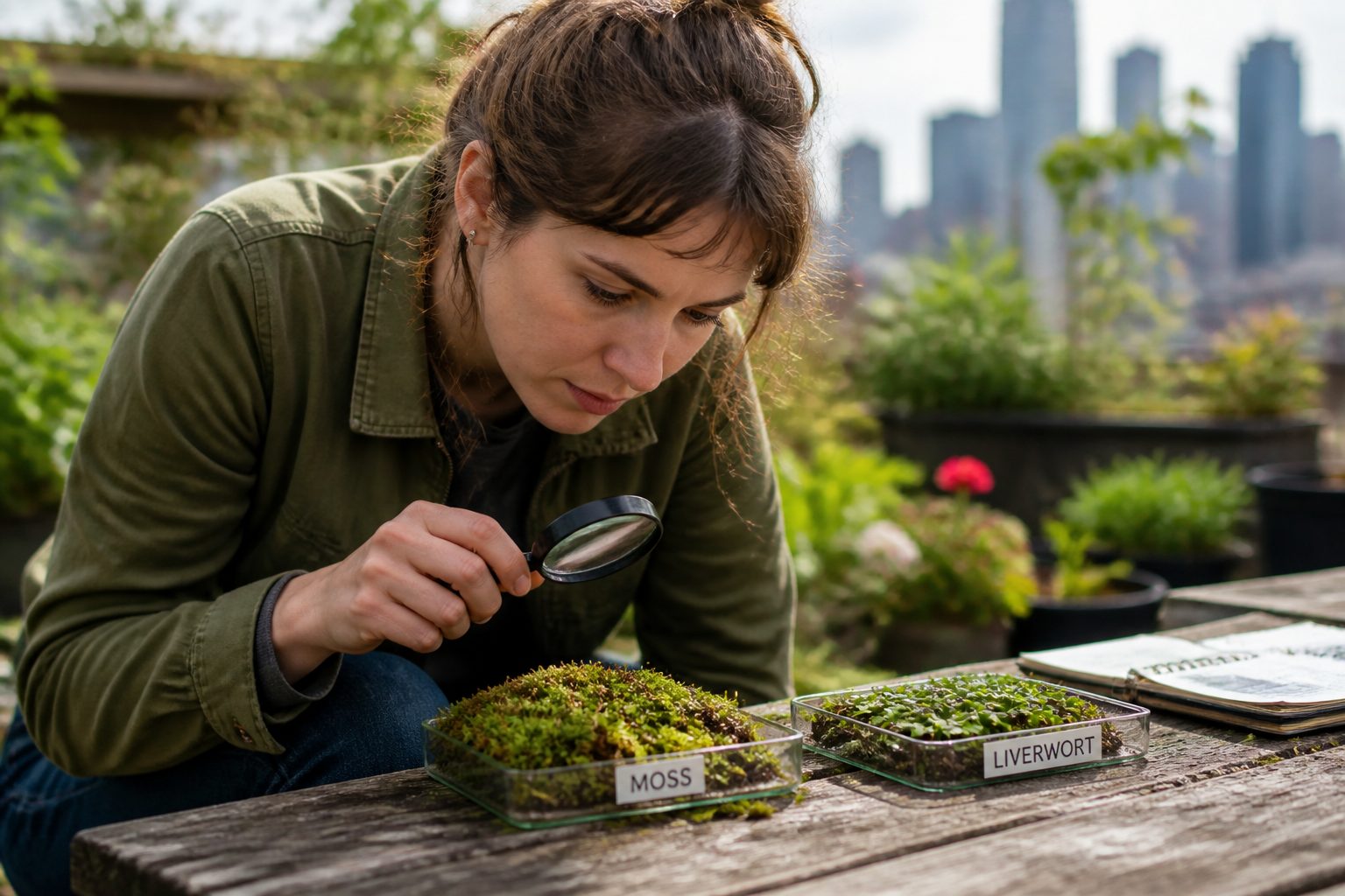 A woman examining moss and liverwort in an urban garden using a magnifying glass.