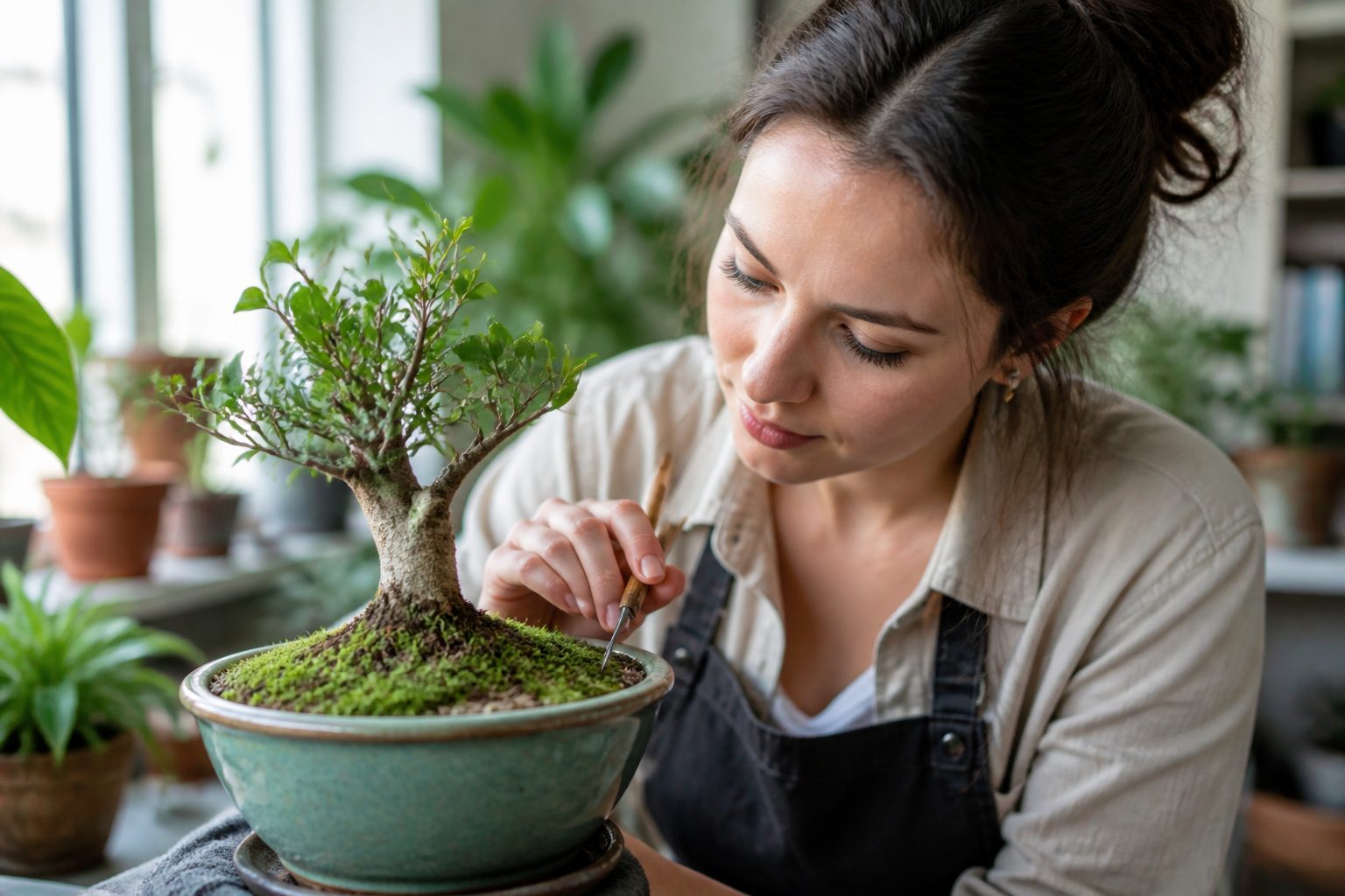 A woman examining a potted plant with moss using a gardening tool indoors.