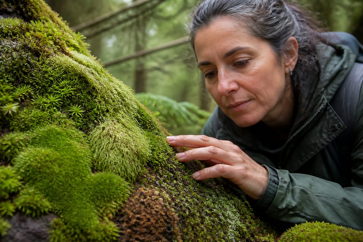 A woman examining different types of moss textures in a forest, showing velvety, stringy, spiky, and crispy patches.