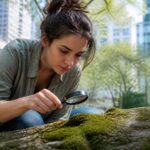A woman examining different types of moss in an urban park using a magnifying glass.
