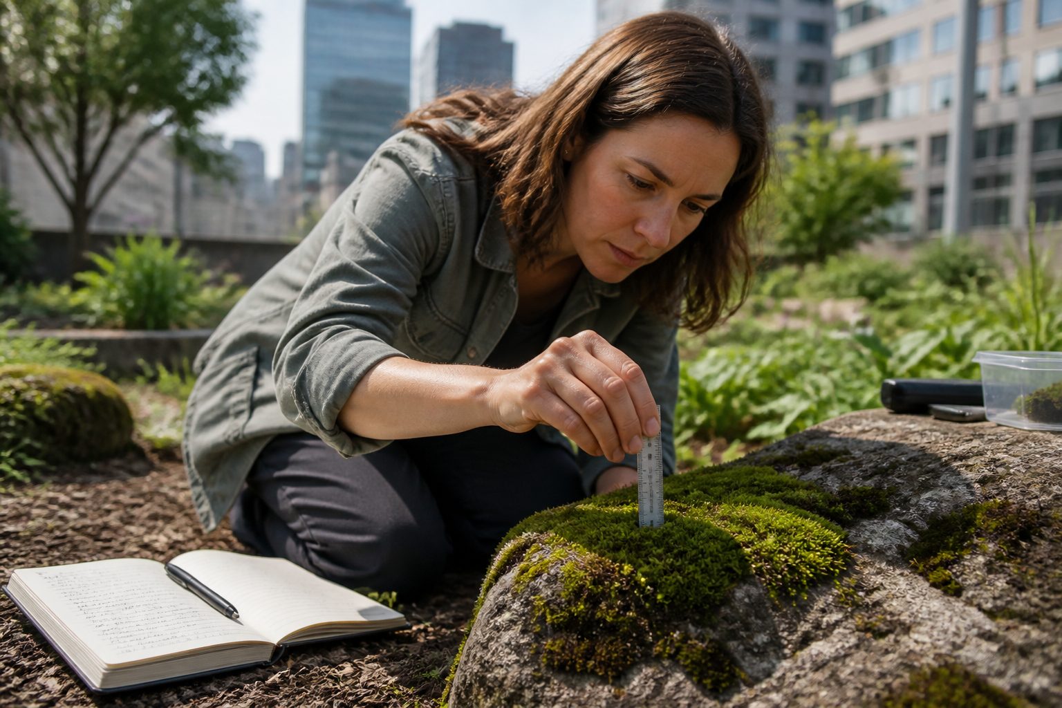 A woman measuring moss in an urban garden with a ruler and notebook.