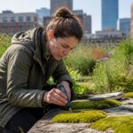 A woman measuring moss in an urban garden with a handheld device