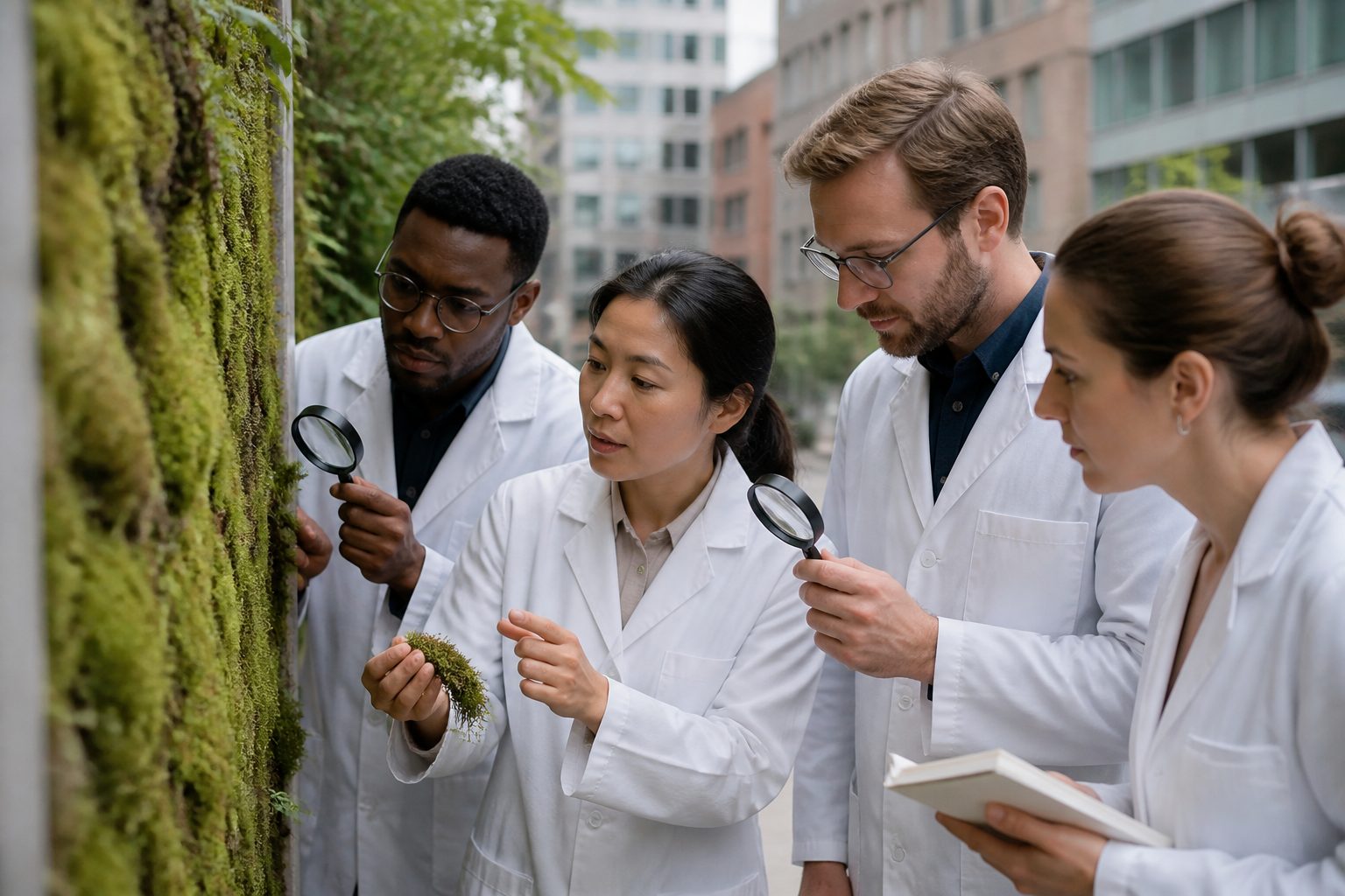 Scientists examining moss samples in an urban setting with a green wall in the background