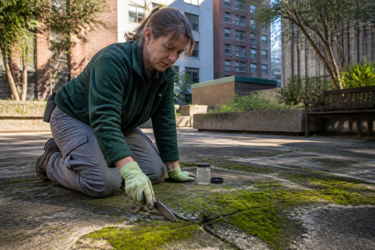 A woman examines moss and biofilm on a concrete surface in an urban courtyard