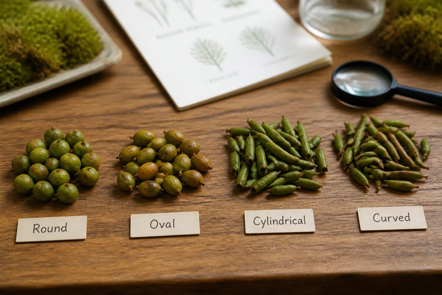 A collection of moss capsules in different shapes including round, oval, cylindrical, and curved displayed on a wooden table.