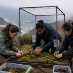 Three people setting up a moss cultivation system on a coastal hilltop to capture fog drip