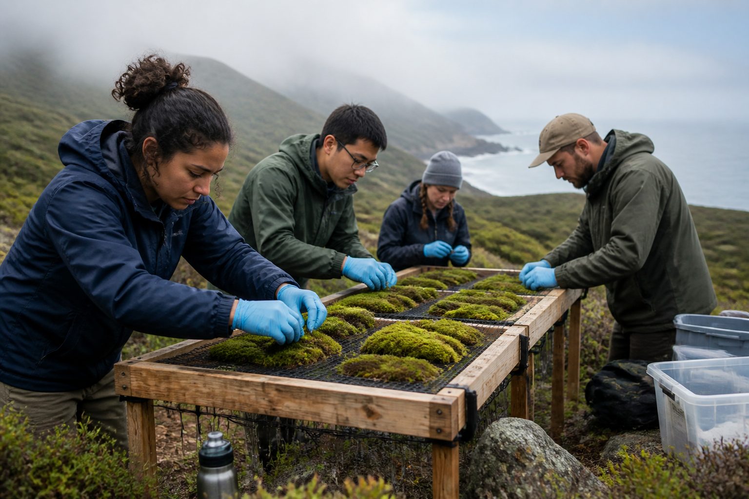 Researchers setting up a moss cultivation experiment to capture fog drip on a coastal hilltop