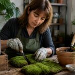 A woman splitting a moss mat into sections in a garden setting
