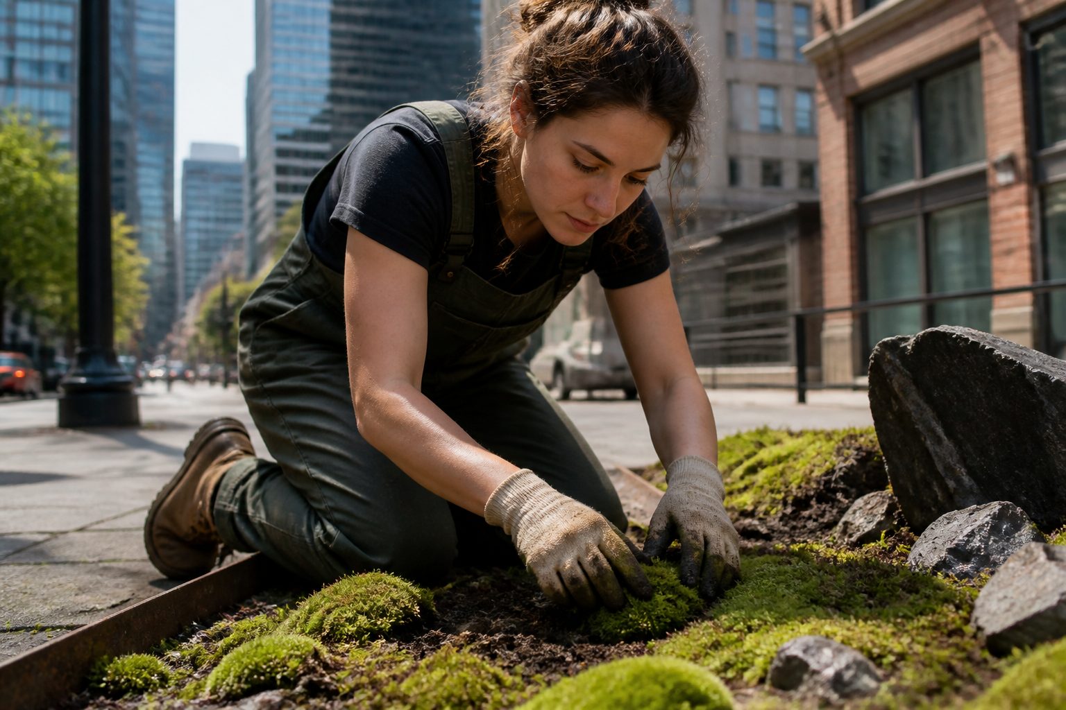 A woman planting moss in an urban garden bed, demonstrating urban moss cultivation techniques.