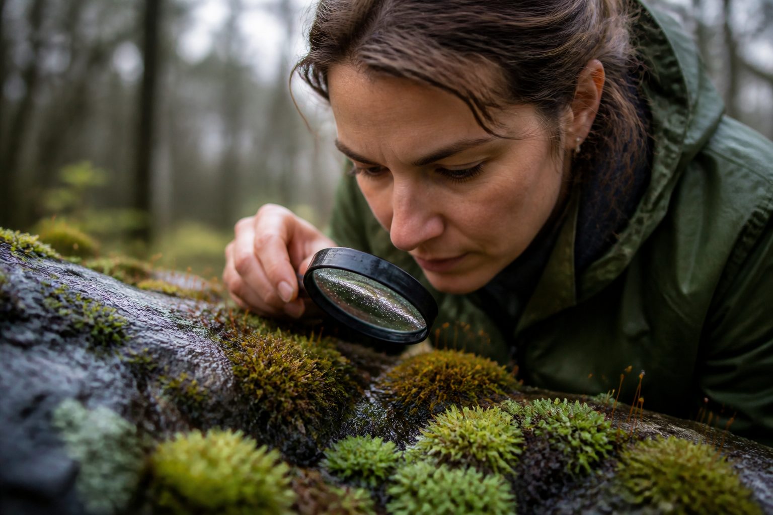 A woman examining different types of moss with a magnifying glass on a wet surface after rain