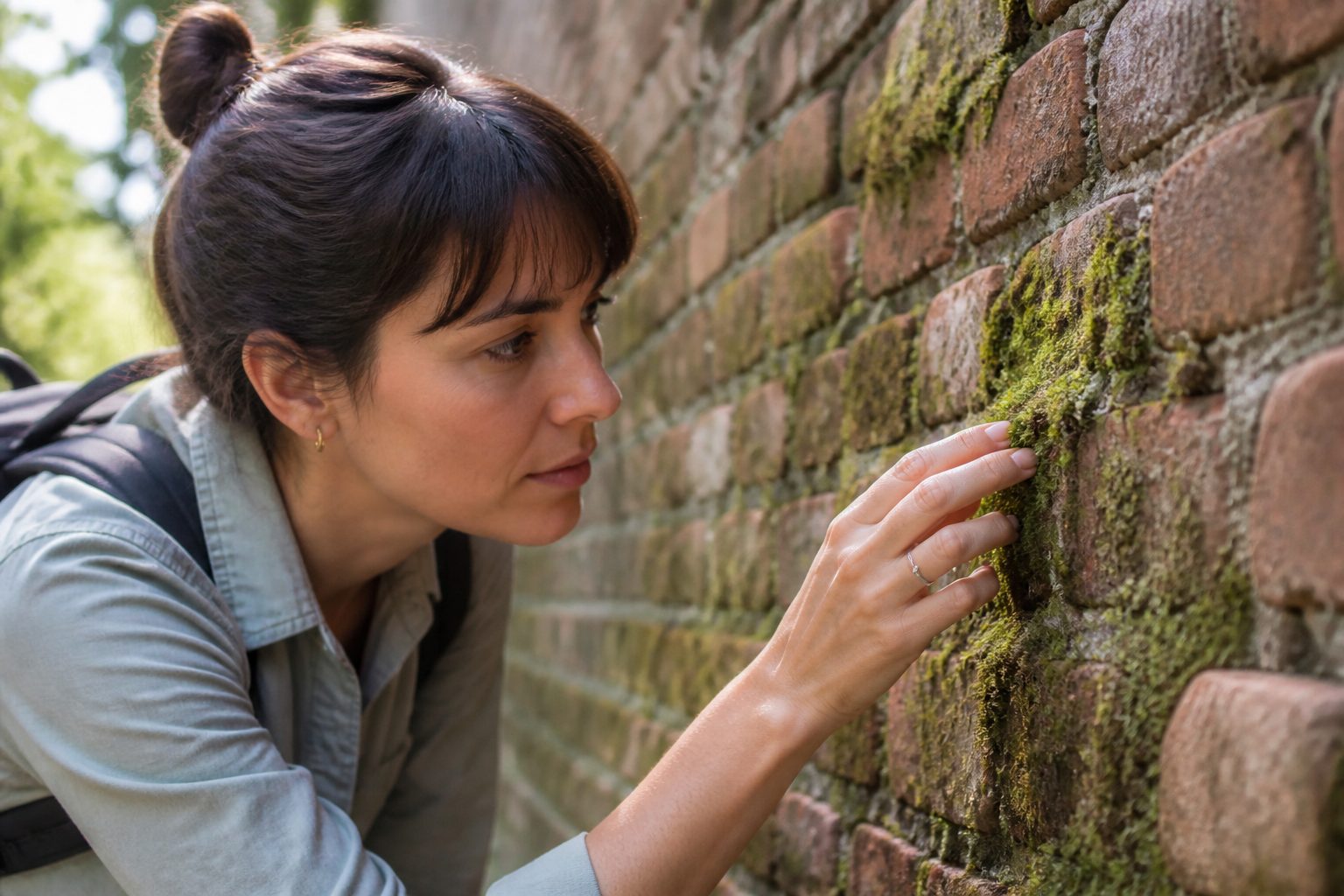 A woman examining moss on a brick wall, showcasing her interest in moss identification.