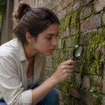 A woman inspecting moss on a brick wall with a magnifying glass