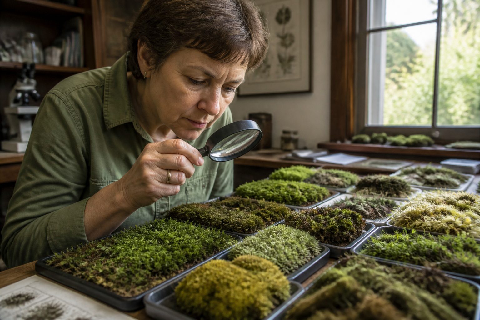 A woman examining various moss samples on a wooden table, showcasing different colors and textures under natural light.