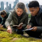 A woman and a man examining moss species on a green roof in an urban setting