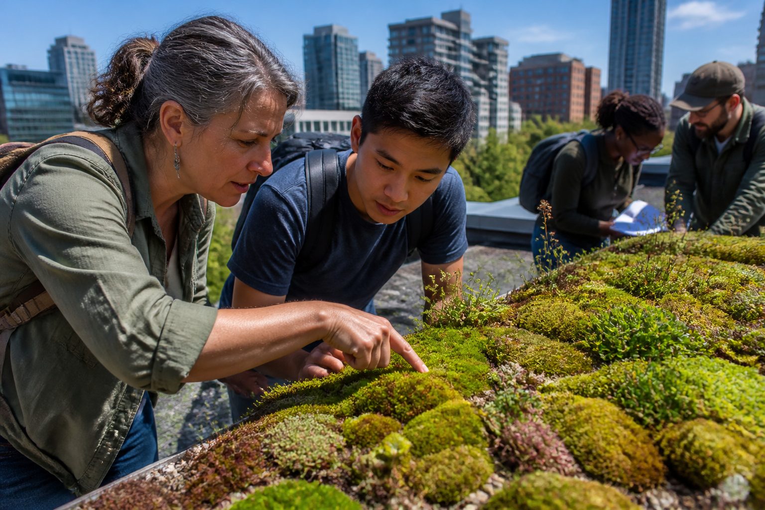 A woman and a man examining different types of moss on a green roof in an urban environment.