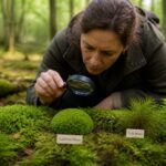 A biologist examining various types of moss on the forest floor, including cushion, mat, tuft, and feather types.
