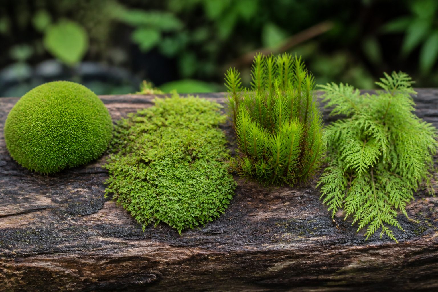 A collection of different moss types including cushion, mat, tuft, and feather moss displayed on a wooden surface.