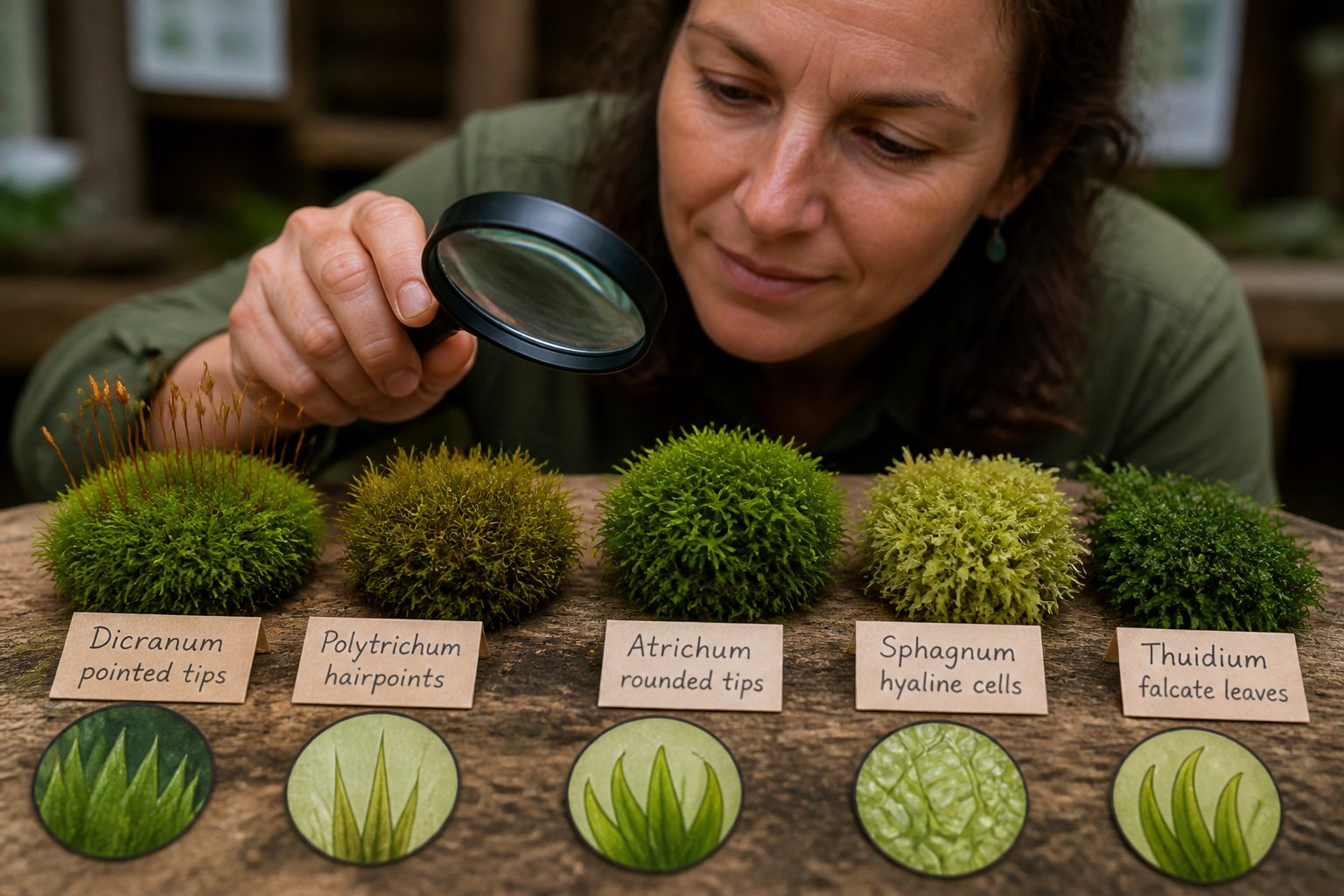 A woman examining different moss species on a wooden surface, focusing on leaf tips with various shapes.