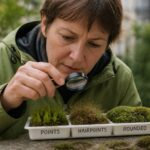 A woman examining moss leaf tips in an urban garden, focusing on different shapes including points and rounded ends.