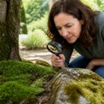 A woman examining two different moss patches, one in shade and one in sunlight, highlighting the color and texture differences.
