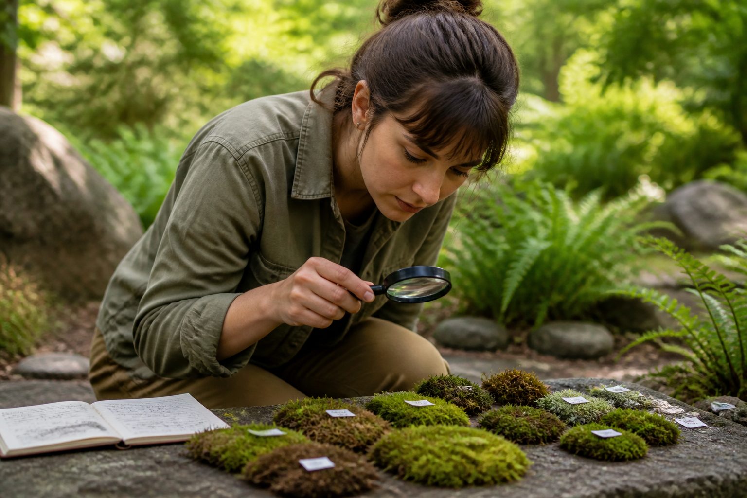 A woman examining moss samples outdoors with a magnifying glass